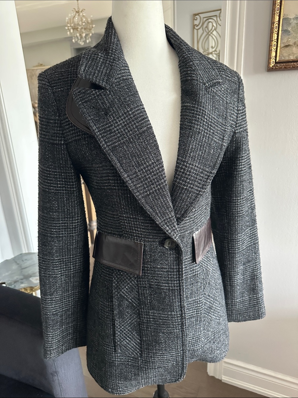 Smythe Charcoal Plaid Blazer with Leather Trim